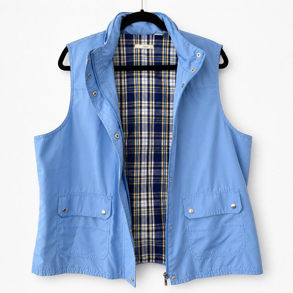 Liz Golf Vest XL Periwinkle Blue Hidden Hood Plaid Lined Snap Zip Golf Vest - Picture 4 of 9